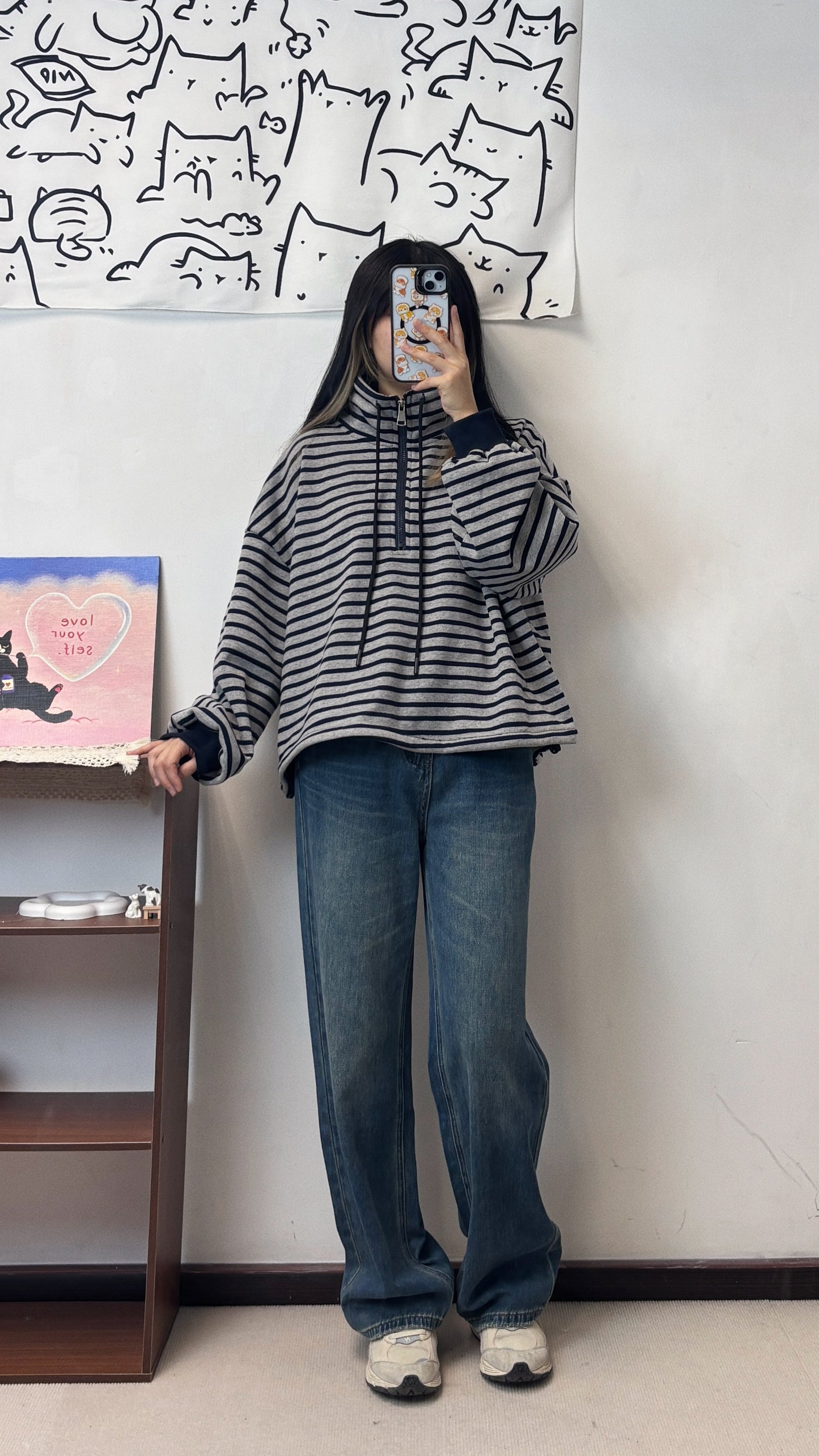 間條拉鍊立領薄絨毛上衣 T00064
