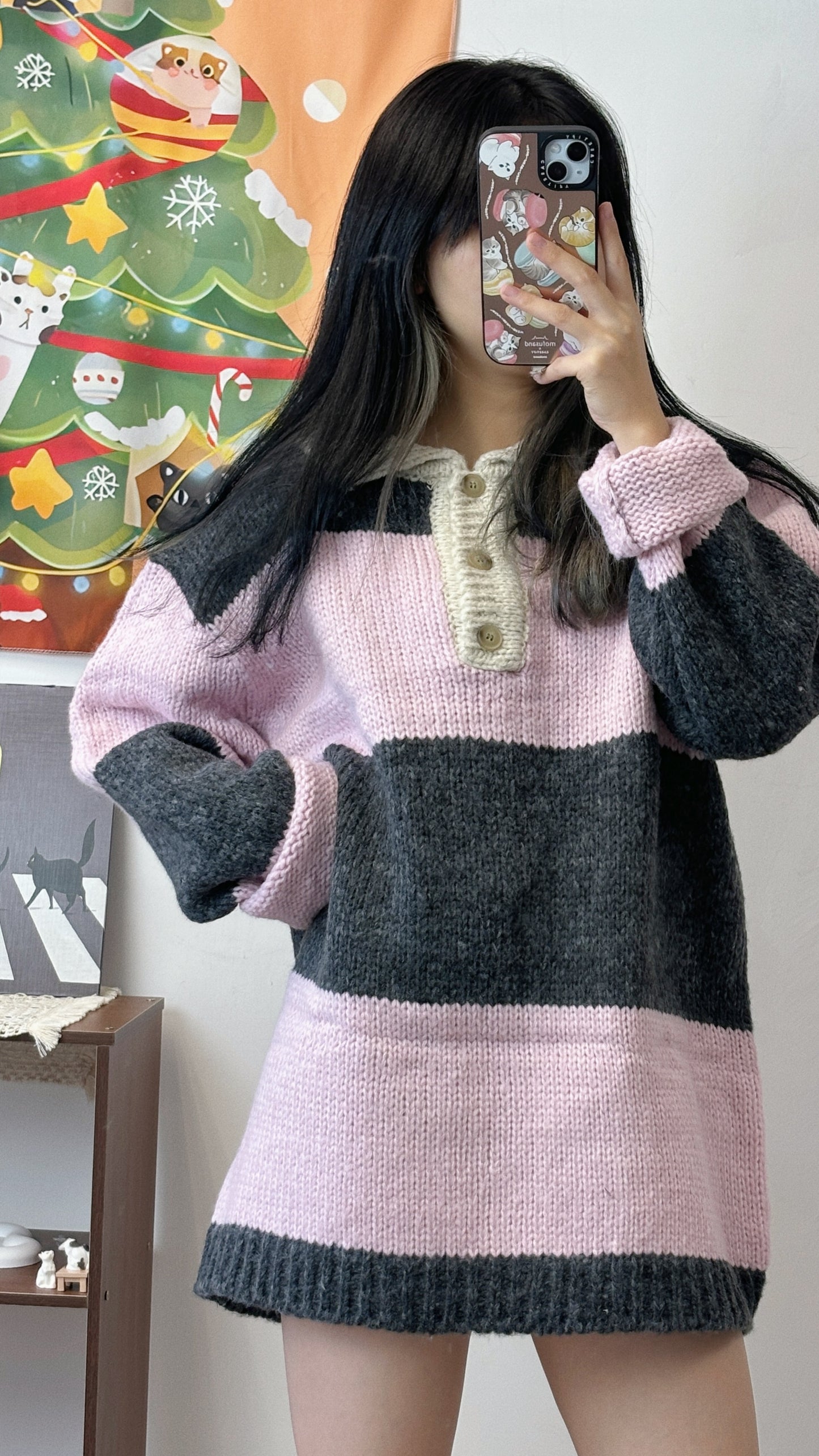 Oversize 間條polo領粗針織衫 T00052