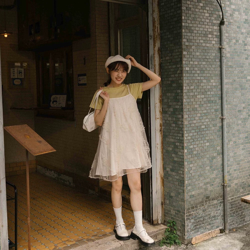 立體花紗吊帶裙 S00118