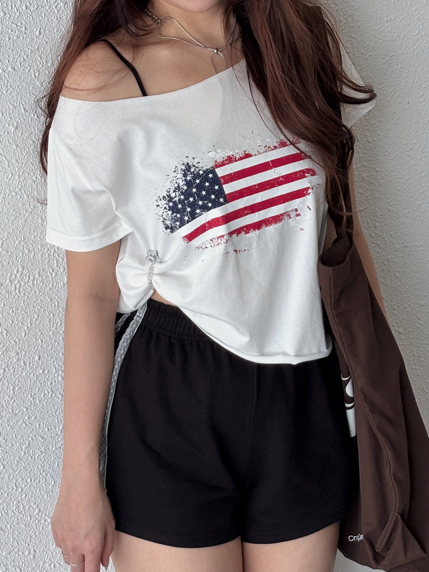 美式復古斜肩TOP T00233