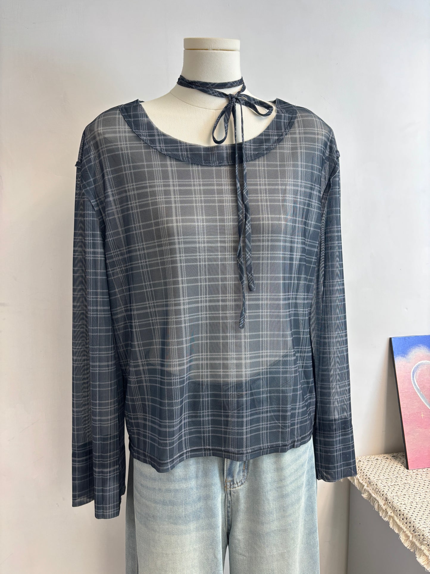 絲滑透薄格仔上衣 T00122