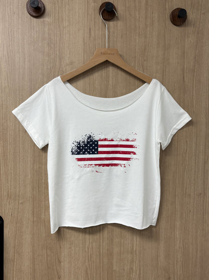 美式復古斜肩TOP T00233