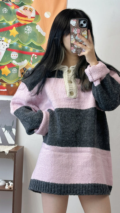 Oversize 間條polo領粗針織衫 T00052