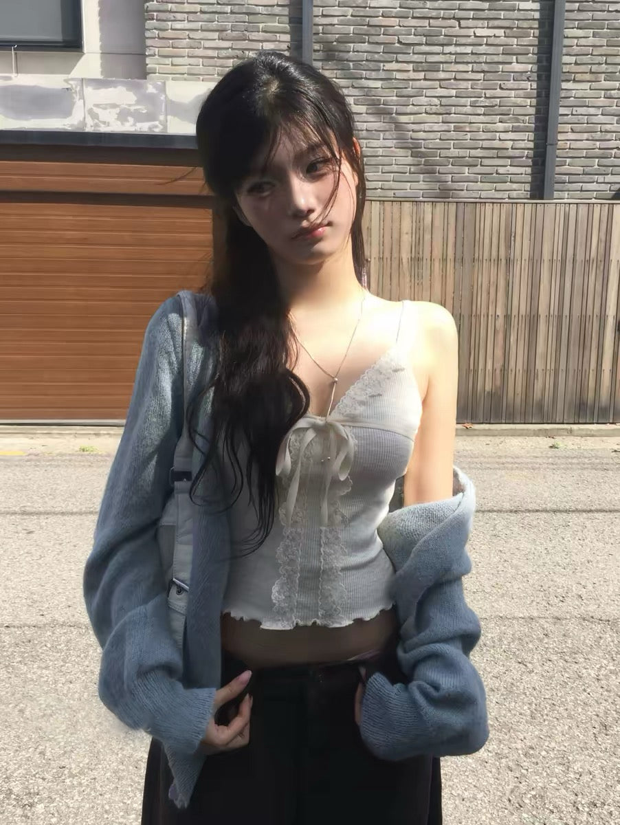 蝴蝶結拼lace吊帶