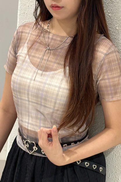 霧感格紋捲邊薄透T T00242