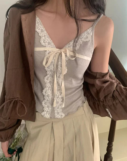 蝴蝶結拼lace吊帶