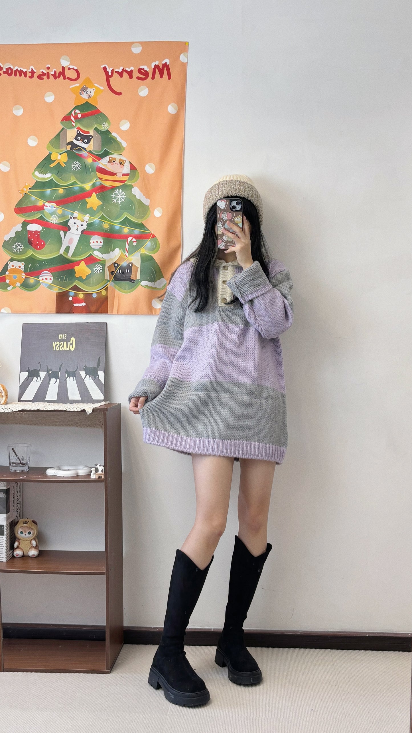 Oversize 間條polo領粗針織衫 T00052