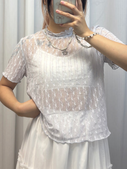 蝴蝶結透明感卷邊T