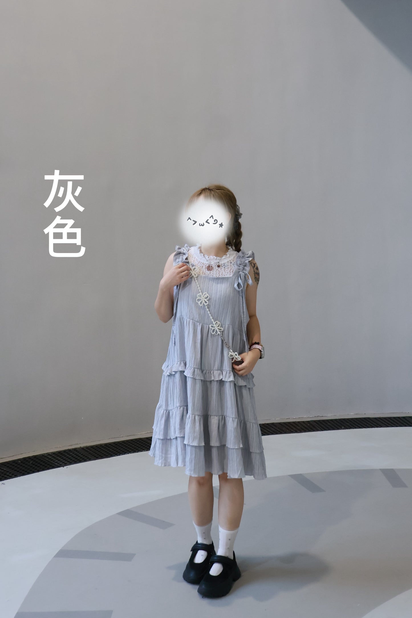 肩綁帶豎紋多層蛋糕裙