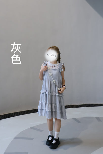 肩綁帶豎紋多層蛋糕裙